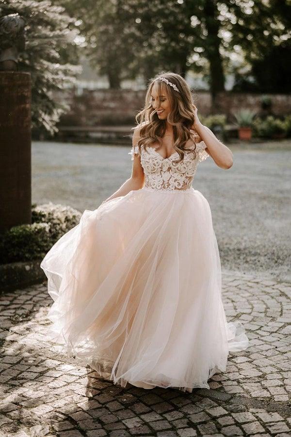 Cute Off Shoulder Lace Blush Tulle Tea Length Wedding Gown